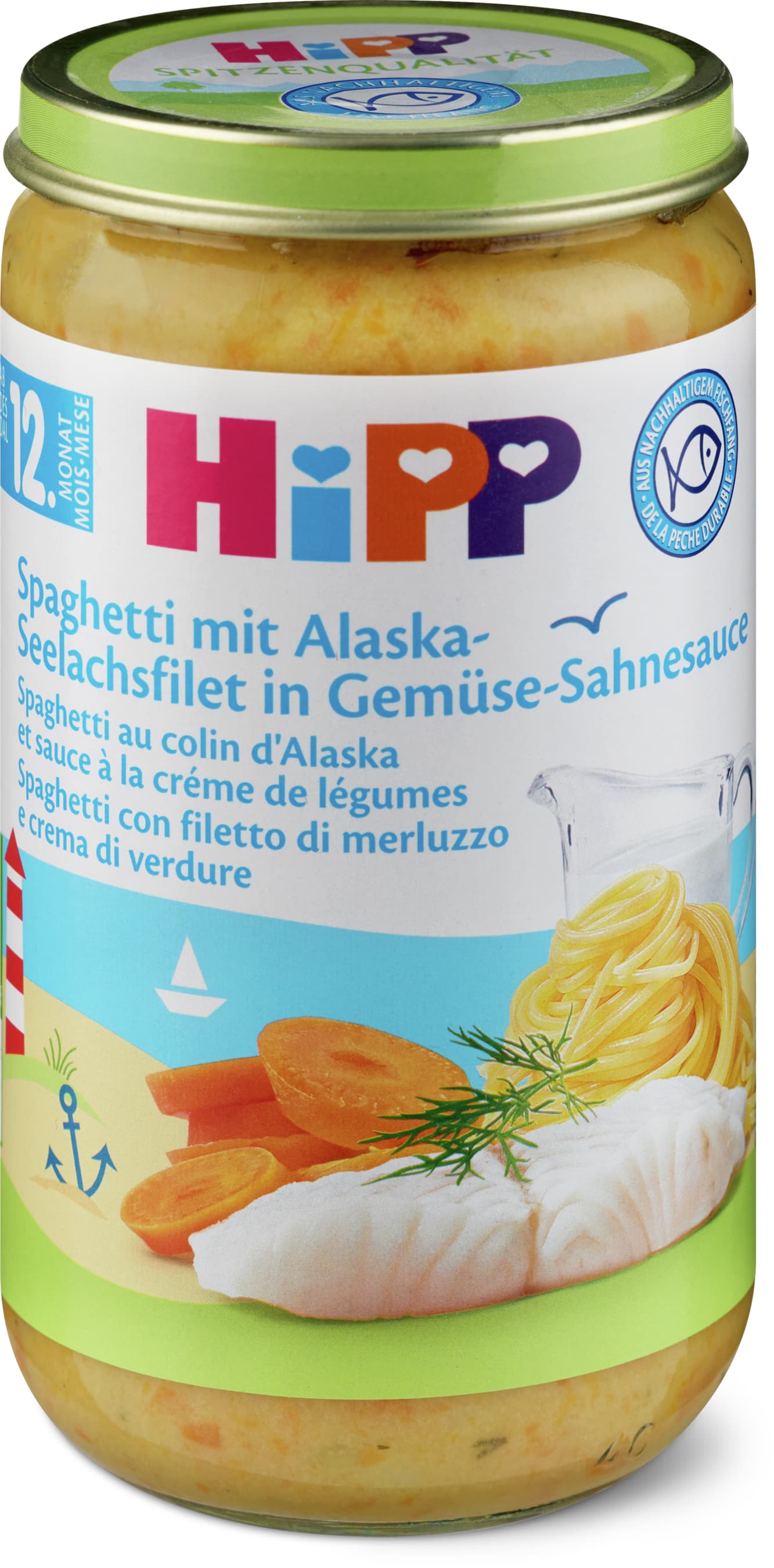 Hipp Spaghetti au colin d'Alaska et légumes à la crème Bio, après 12 mois 250g